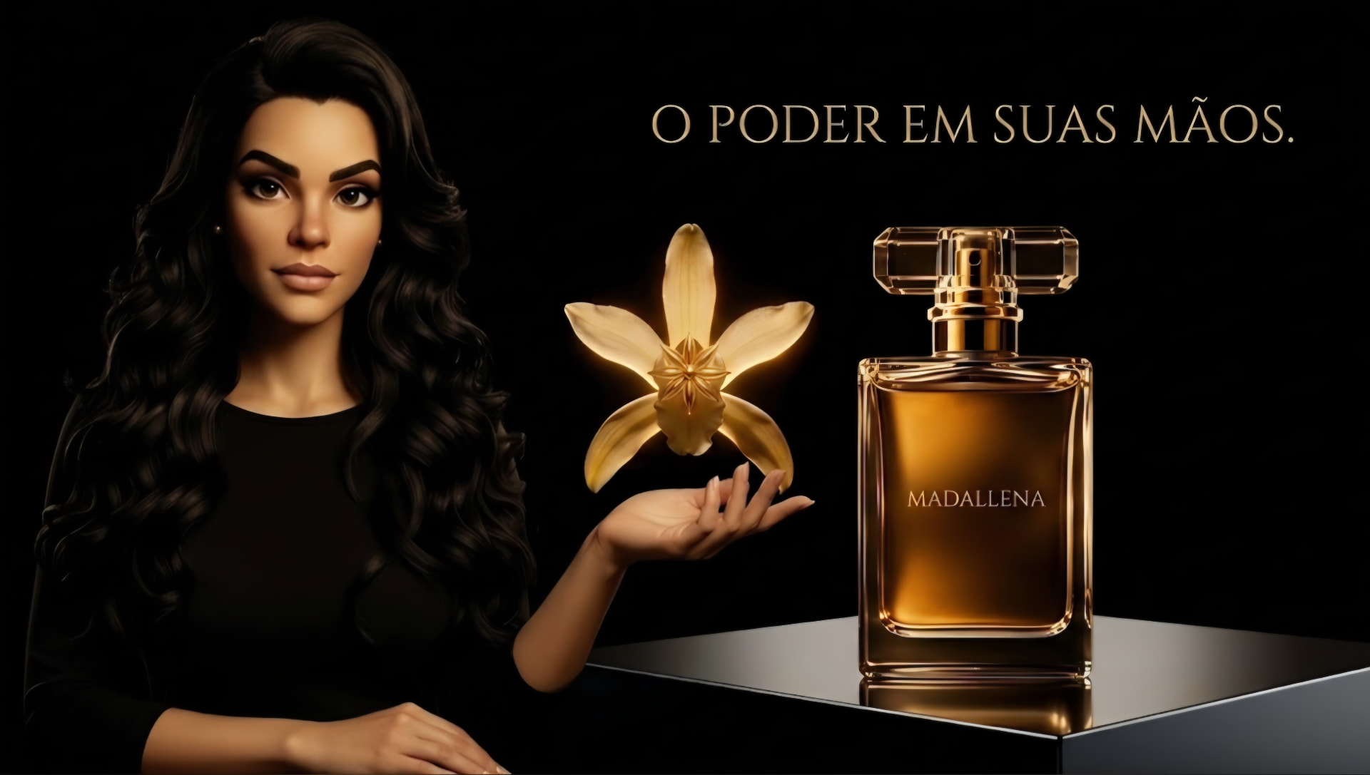 Mulher segurando uma orquídea dourada ao lado do frasco MADALLENA